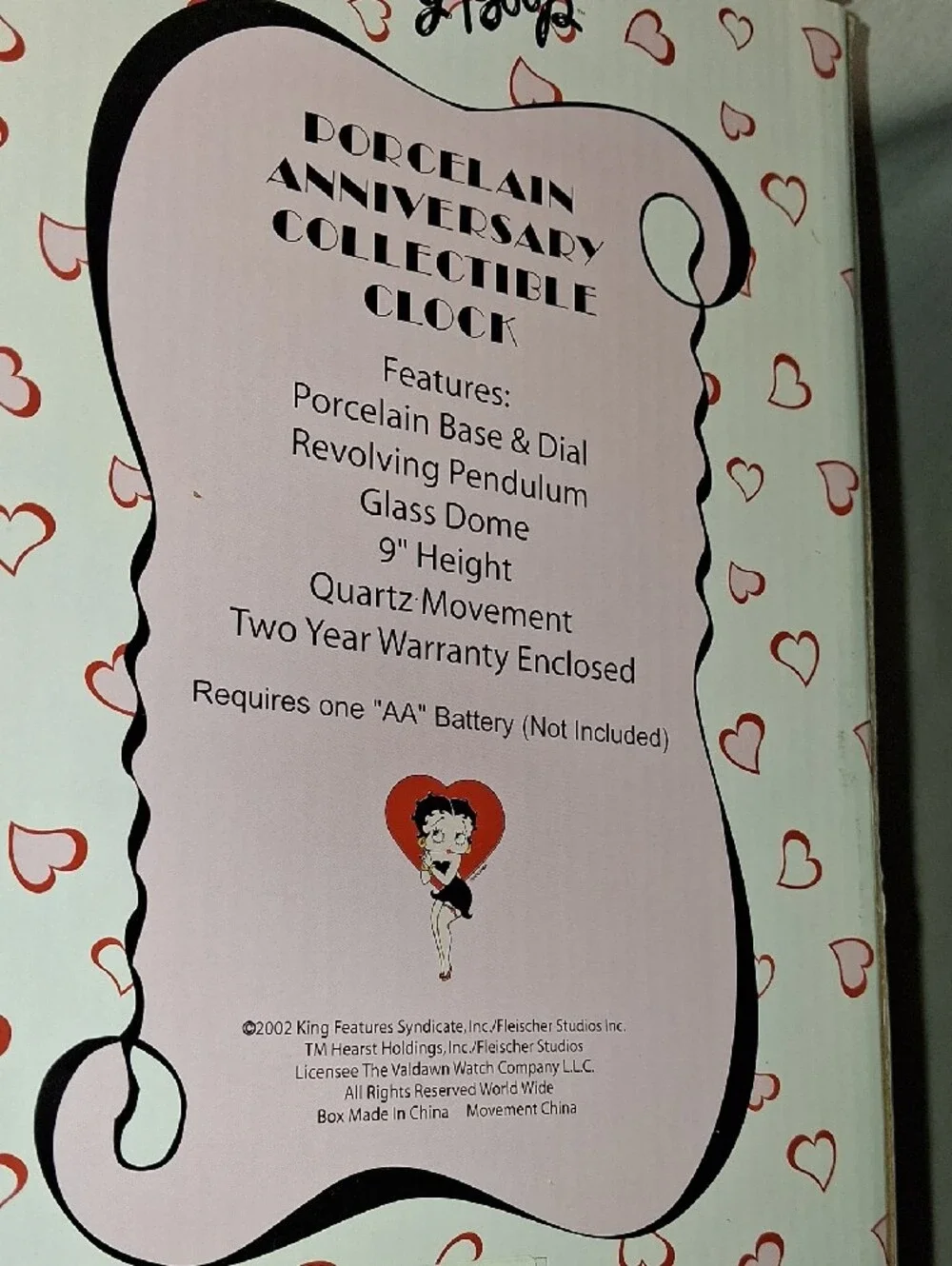 Vintage 2002 Betty Boop Anniversary Porcelain Decorative Clock Collectible
